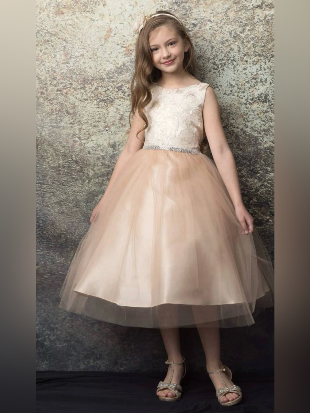 Petite  Adele Girls' Dress in Champagne Tulle